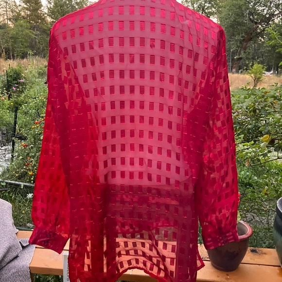 Early 90’s window pane blouse Sheer Red Button-Up long top XL with tags - Picture 6 of 7